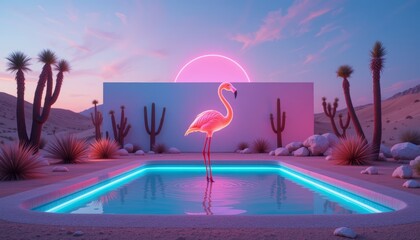 Obraz premium Futuristic neon pool with pink and blue lights in a desert