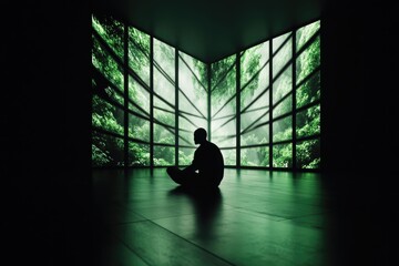 Fototapeta premium Silhouette of person meditating in tranquil forest room with green foliage