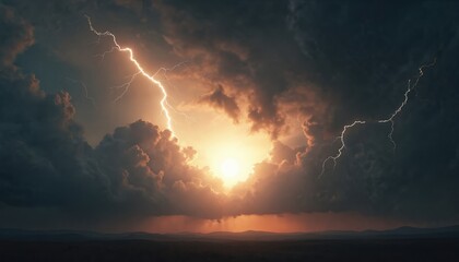 Dramatic stormy sky illustration with black clouds, bright lightning, and sun peeking through. strikes. Dark, tense atmosphere conveys power of nature, disaster, and climate change.