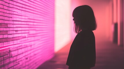 Silhouette of a woman against vibrant pink illuminated wall in a modern urban setting