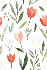 Obraz premium Watercolor seamless pattern of cute minimalistic tulips. Red and green colors isolated on white backdrop