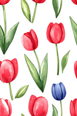 Obraz premium Watercolor seamless pattern of cute minimalistic tulips. Red and green colors isolated on white backdrop