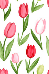 Obraz premium Watercolor seamless pattern of cute minimalistic tulips. Red and green colors isolated on white backdrop