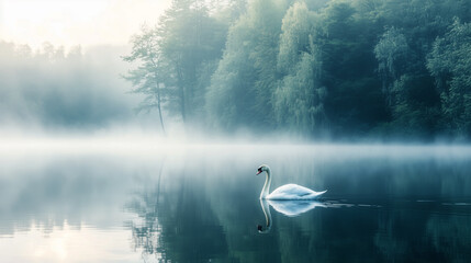 A swan in the mist on the lake.