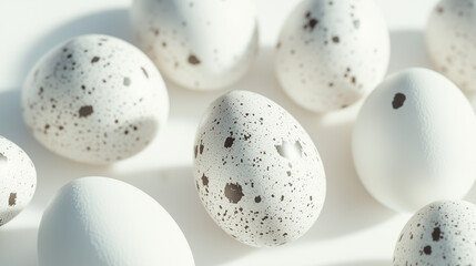 A minimalistic composition of white speckled eggs.