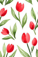 Obraz premium Watercolor seamless pattern of cute minimalistic tulips. Red and green colors isolated on white backdrop
