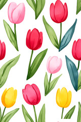 Watercolor seamless pattern of cute minimalistic tulips. Red and green colors isolated on white backdrop