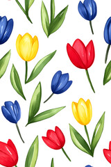 Obraz premium Watercolor seamless pattern of cute minimalistic tulips. Red and green colors isolated on white backdrop