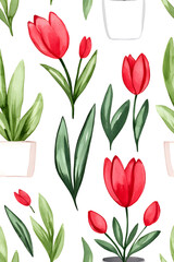 Obraz premium Watercolor seamless pattern of cute minimalistic tulips. Red and green colors isolated on white backdrop