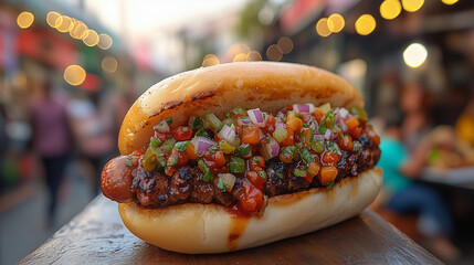 An appetising hot dog with salsa against a backdrop of street food.