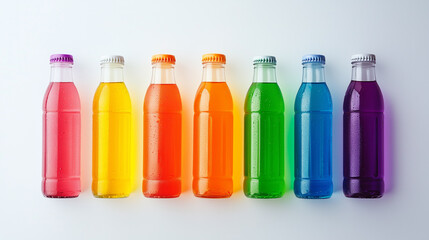 Rainbow of drinks: colourful carbonated drinks in glass bottles.