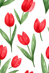 Obraz premium Watercolor seamless pattern of cute minimalistic tulips. Red and green colors isolated on white backdrop