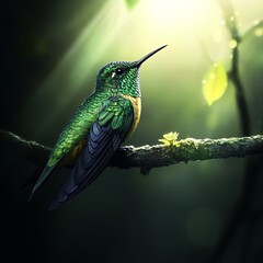 Fototapeta premium Hummingbird flying swiftly against a blurry green background