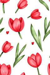 Obraz premium Watercolor seamless pattern of cute minimalistic tulips. Red and green colors isolated on white backdrop