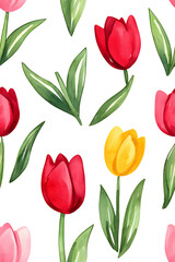Obraz premium Watercolor seamless pattern of cute minimalistic tulips. Red and green colors isolated on white backdrop