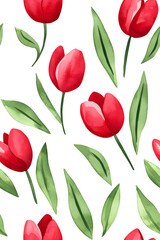 Obraz premium Watercolor seamless pattern of cute minimalistic tulips. Red and green colors isolated on white backdrop