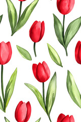Obraz premium Watercolor seamless pattern of cute minimalistic tulips. Red and green colors isolated on white backdrop