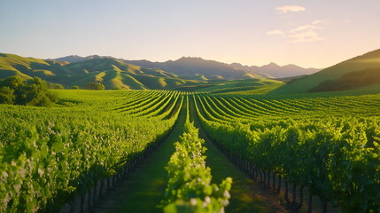 Naklejka premium Grape vines, green vineyard stretching under the golden sunlight, rolling hills in the background, perfect rows of grapevines