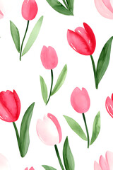 Obraz premium Watercolor seamless pattern of cute minimalistic tulips. Red and green colors isolated on white backdrop