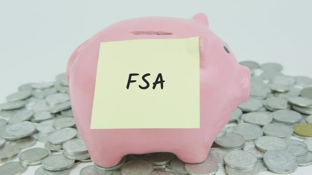FSA written on a yellow note paper with a hand inserting coins into a pink piggy bank, surrounded by a pile of coins on a white background