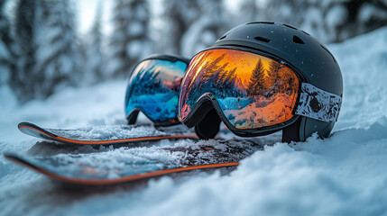 Winter gear: skis, helmet and masks in a snowy forest.