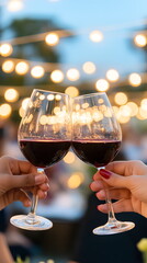 Fototapeta premium Raising wine glasses for a toast, joyful hands celebrating with sparkling wine, festive ambiance with bokeh lights