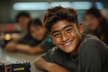 Hispanic teen boy smiling in classroom setting with technology focus