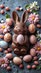 Chocolate Easter bunny, surrounded by jelly beans, small decorated eggs, pastel color