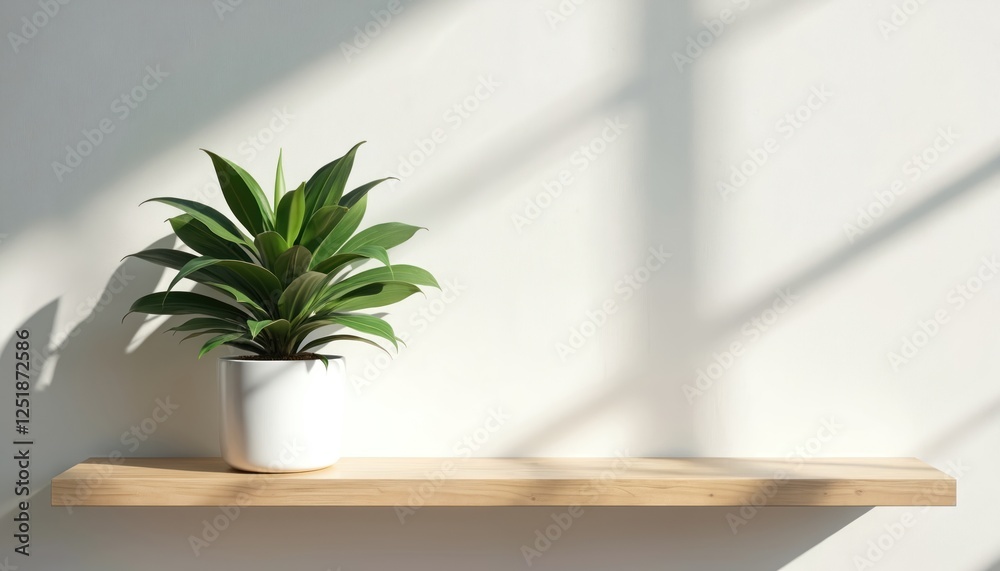 Aufkleber Plant sits on wooden shelf against white wall. Interior with decoration includes flowerpot. Sunlight creates shadows. Simple home decor background has empty copy space for adding text or object.