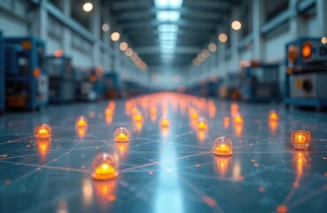 IIoT network connects devices, sensors across modern factory floor. Industrial automation, remote monitoring, energy efficiency, predictive maintenance, cyber security. Wireless tech integration for