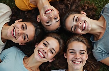 Obraz premium Group portrait of happy diverse girls huddling, lying on grass, looking down at camera, smiling. Young women friends fun together, best friend relationship, student community, youth celebration.
