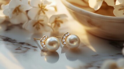 Elegant pearl earrings with sparkling accents on marble surface