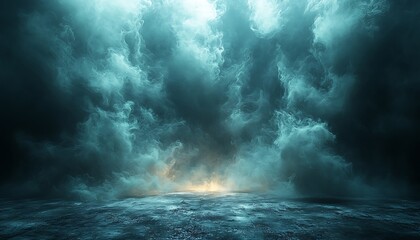 Abstract dark background with swirling fog and a textured concrete floor illuminated by soft ambient light