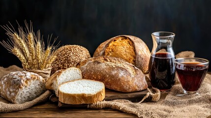 Display of bread varieties and wine, symbolizing the Eucharist in Christian worship during Maundy Thursday. This sacred composition reflects spiritual significance