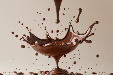 Levitating Splash of Rich Chocolate Sauce with Dynamic Droplets on a Pure Background