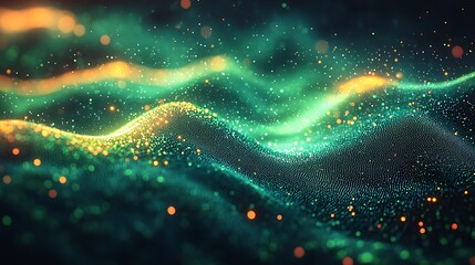 Abstract green and blue digital chart with floating data points and glowing bokeh lights on a dark backdrop
