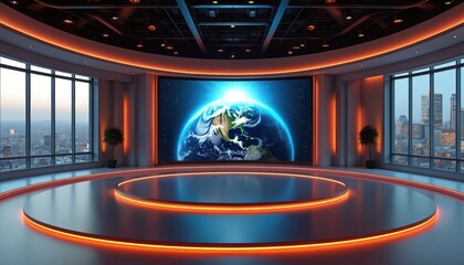 Modern television studio interior with large screen displaying Earth. TV news studio setup with light, stage for broadcasting. Virtual set design with digital display, live event production backdrop.