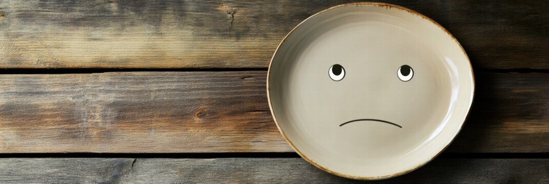 Empty dish with a sad face expression placed on a wooden surface showing disappointment over missed meals. Generative AI