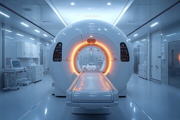 Advanced MRI or CT scan machine in a clean hospital lab environment with space for text