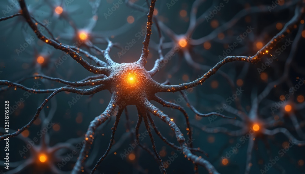 Poster Illustration of nerve cells sending electric signals in brain for neural activities. Neuron cell network shows science of human intelligence, energy, mind. Concept for neurology, medicine,