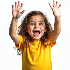 Excited little girl portrait with open mouth, raising hands up. Happy cheerful child shouts, smiles isolated on transparent white background. Preschool kid expressing joy, success, winning. Back to
