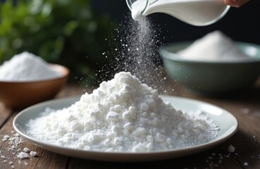 Powder from a measuring cup is poured on plate creating mound. Bowls with white powder near. Focus is sweetener aspartame stevia alternative for diabetics. Food additive on wooden table.