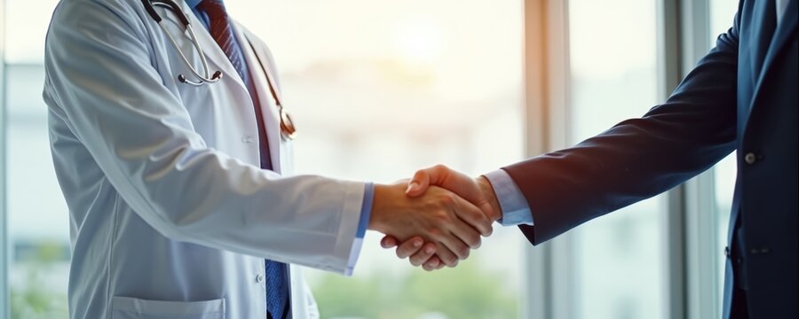 Doctor shakes hands with pharmaceutical sales representative in clinic. Physician greeting hospital director. Manager at meeting in doctor office. Teamwork collaboration, partnership in healthcare