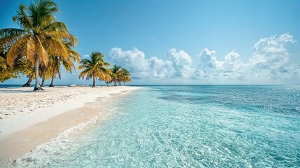 Fototapeta premium Tropical island beach, palm trees, turquoise water, sunny sky, travel