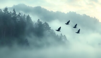 Black birds soaring over mist-shrouded mountains with the faint glow sunrise breaking through the fog