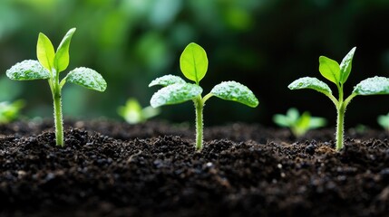 Fototapeta premium Sprouting seedlings in fertile soil, growth concept, nature's renewal, close up