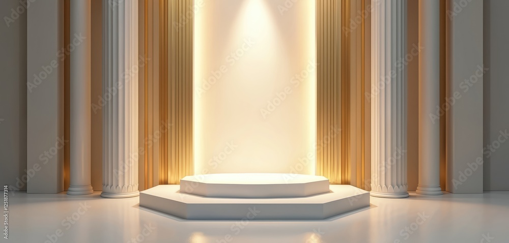 Aufkleber minimal white scene shows elegant stage with columns. gold decor elements glow. bright podium good f