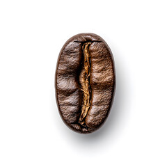 Single roasted coffee bean top view, isolated on white background