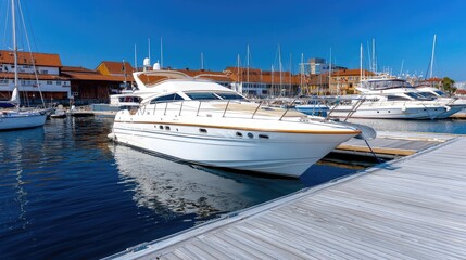 Fototapeta premium White yacht docked in marina, European cityscape background. Possible stock photo use