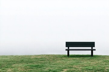 Fototapeta premium Solitary bench on misty day in serene open field landscape